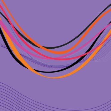 Abstract graphic of flowing lines in black, white, and orange on a purple background.